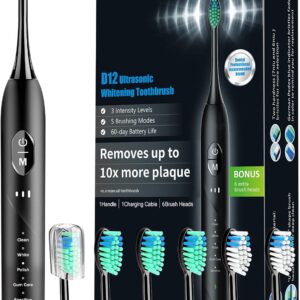 Sonic Electric Toothbrush Rechargeable with 6 Replacement Brush Heads, 5 Modes and 3 Intensity, Black