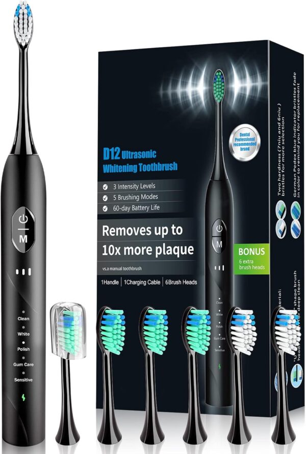 Sonic Electric Toothbrush Rechargeable with 6 Replacement Brush Heads, 5 Modes and 3 Intensity, Black
