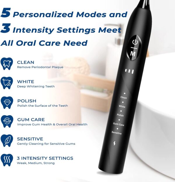 Sonic Electric Toothbrush Rechargeable with 6 Replacement Brush Heads, 5 Modes and 3 Intensity, Black - Image 5