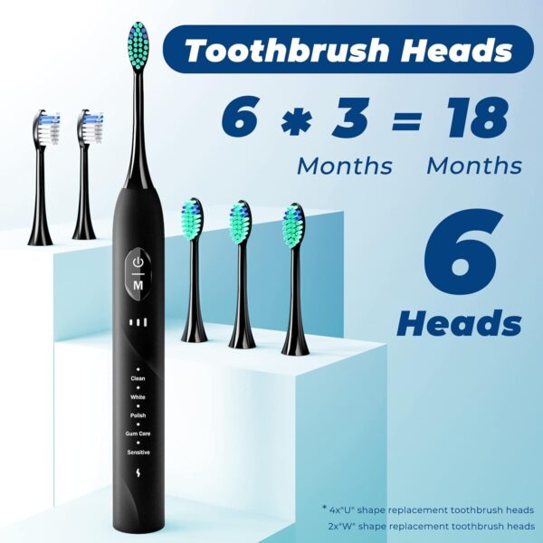 Sonic Electric Toothbrush Rechargeable with 6 Replacement Brush Heads, 5 Modes and 3 Intensity, Black - Image 3