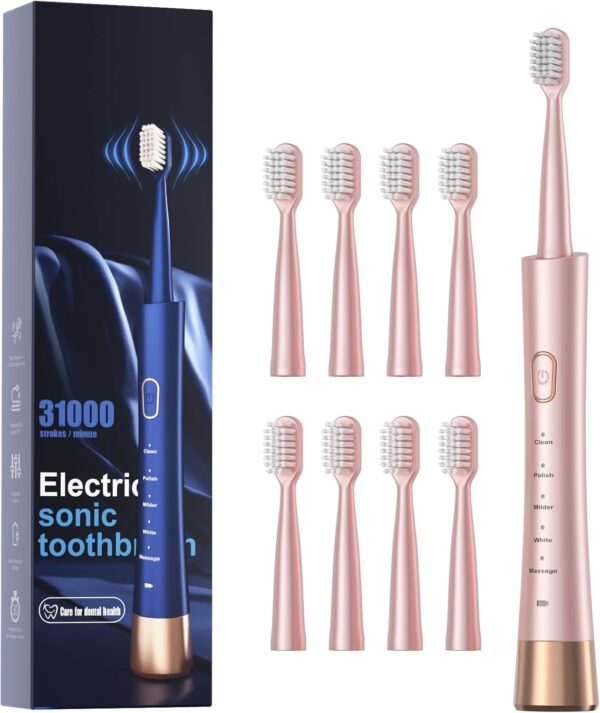 Sonic Electric Toothbrush for Adults, USB Rechargeable Sonic Toothbrush with 8 Brush Heads Pink