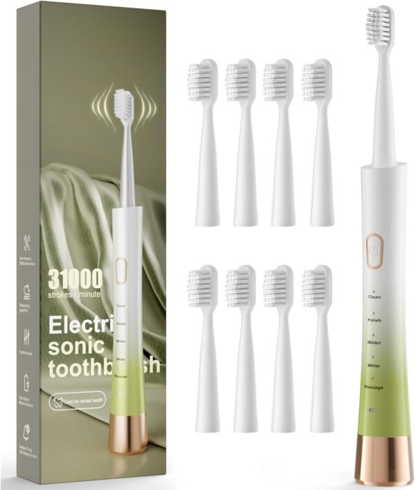 Sonic Electric Toothbrush for Adults, USB Rechargeable Sonic Toothbrush with 8 Brush Heads White & Green
