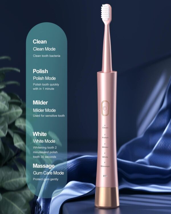 Sonic Electric Toothbrush for Adults, USB Rechargeable Sonic Toothbrush with 8 Brush Heads Pink - Image 2