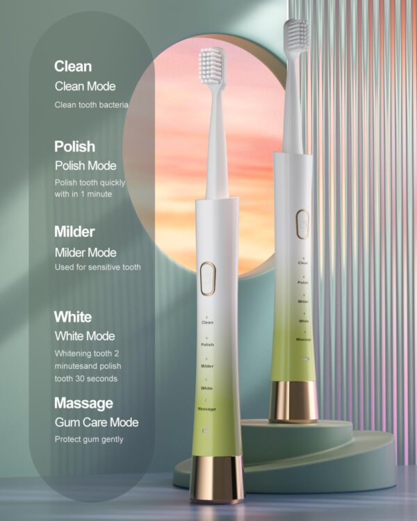 Sonic Electric Toothbrush for Adults, USB Rechargeable Sonic Toothbrush with 8 Brush Heads White & Green - Image 2