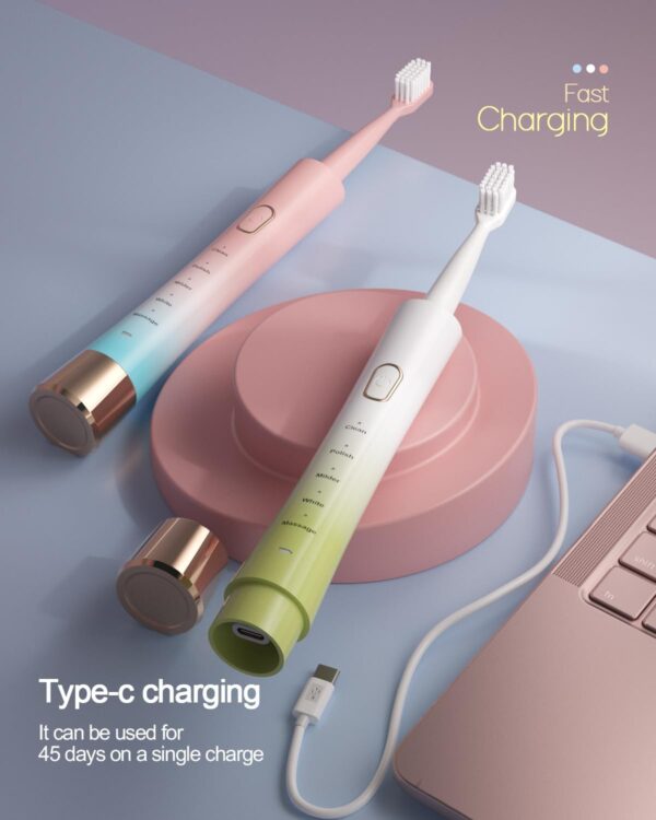 Sonic Electric Toothbrush for Adults, USB Rechargeable Sonic Toothbrush with 8 Brush Heads White & Green - Image 4